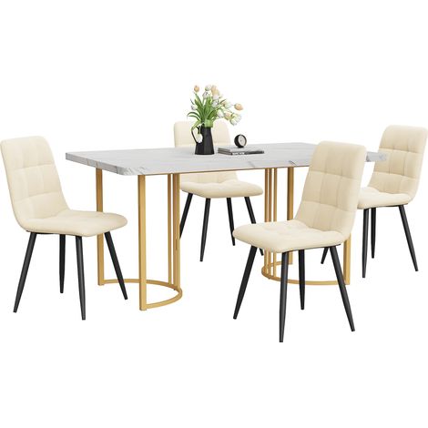 Ensemble repas 5 pièces, table et 4 chaises design moderne, table 140x80cm pieds métal laiton, plateau MDF blanc, chaises velours camel, mobilier cuisine élégant. (1/5)