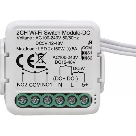 Module de relais WiFi intelligent à 2 canaux DC 5V 24V 32V AC100-240V, compatible avec l'application Tuya Smart Life, module de commutation à contact sec, fonctionne avec Alexa, Google Home (1/5)