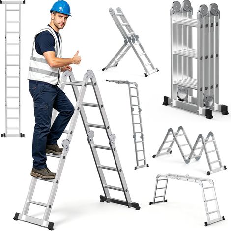 TolleTour Escalera transformable 7 en 1 de aluminio, 4x3 peldaños, aprox. 360 cm / 3,6 m, plegable, antideslizante, carga máxima 150 kg (1/5)