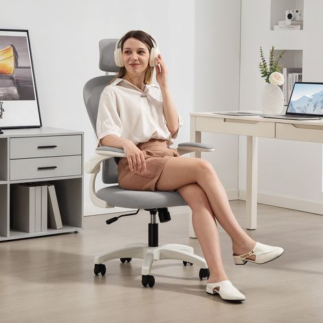 Chaise Bureau Ergonomique. Fauteuil de Bureau en Maille avec Accoudoirs Rabattables. Hauteur Réglable. 64x62x115cm. Gris