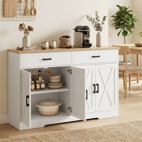 Sideboard Buffet armoire, 140 cm Élément cuisine ferme avec 2 tiroirs et 2 armoires, blanc (1/5)