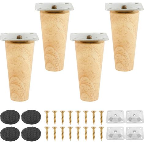 4pcs Pieds de Meuble Bois, 8cm Droits avec Plaque de Montage Vis et Tapis Antidérapant, Pieds de Meuble de Rechange pour Fauteuil, Armoire, Tables et Chaises (1/5)