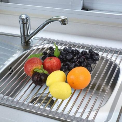 Égouttoir à vaisselle pliable - Unbrand - Acier inoxydable - Gris - 20 tubes - 50x40 cm - Tapis de comptoir inclus (1/5)