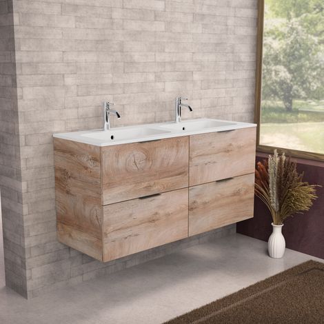 Inda - Badezimmerschrank B.120 mit Doppelwaschbecken matt / Eiche natur 4 Schubladen - Topazio (1/5)