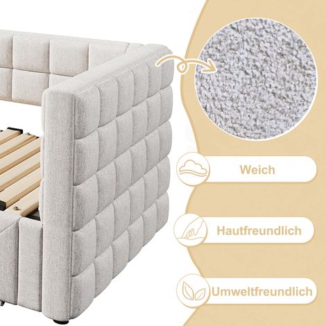 Canapé convertible beige, 90x200 cm, banquette-lit à dossier droit, couchage extensible queen size 180 cm, coffre 2 tiroirs, sans matelas, méridienne (1/5)