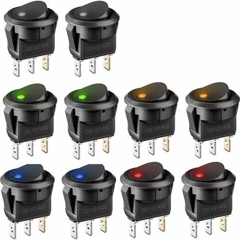 10 Stück 12-V-Schalter, runder Mini-Wippschalter, 5 Farben, LED-Licht, 12 V, 20 A, DC, 3-polig, Ein-Aus-Knopfschalter für Kraftfahrzeuge, Boote, Haushaltsgeräte(Schwarz) (1/5)