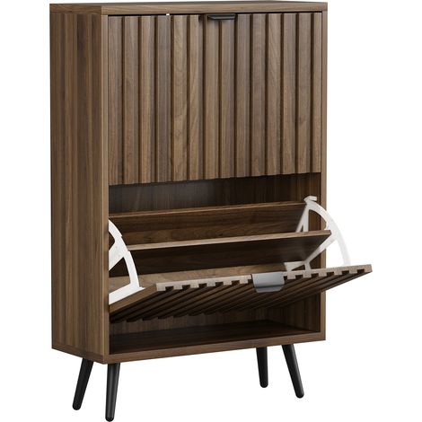 Meuble à chaussures de 60 cm en bois de noyer – rangement à chaussures sur pied au style Mid-Century Modern avec deux compartiments à abattant et design rainuré – idéal pour couloirs et entrées (1/5)