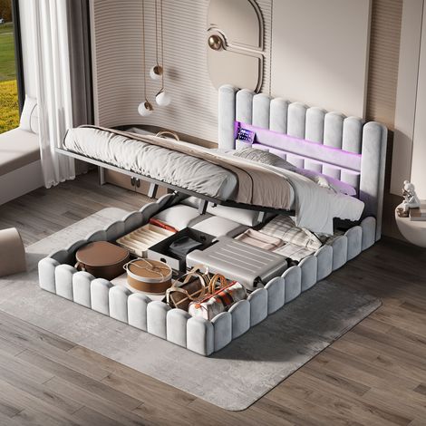 Lit coffre double adulte 180x200 cm avec rangement hydraulique, éclairage LED, ports USB, velours gris, sans matelas (1/5)