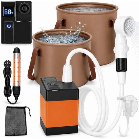 Douche de camping portable avec chauffage, seau de 20 l et chauffe-eau submersible, pompe de douche de camping rechargeable avec 5200 mAh, pommeau de douche 3 modes avec arrêt d'eau, douchette (1/5)