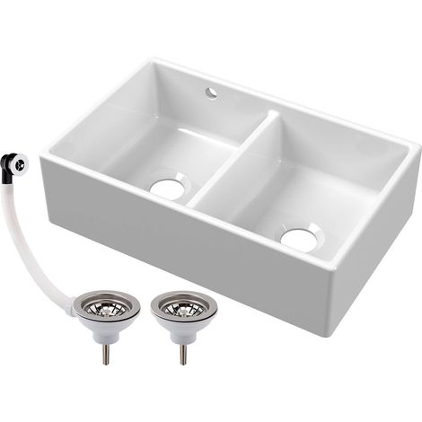 Balterley Fireclay Ceramic Double Bowl Butler Kitchen Sink with Overflow and Stepped Weir, Chrome Strainer Wastes, 795mm (1/3)