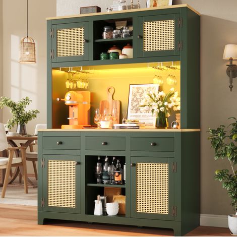 REDOM - Armadio dispensa alto 120x40x180 cm, ripiani regolabili, cassetti, ante in PE rattan, luce USB, verde antico (1/5)