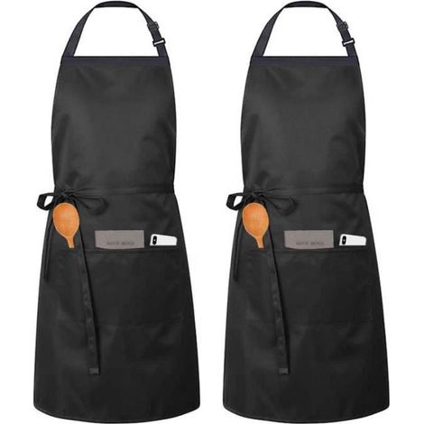 Lot de 2 Tabliers de Cuisine Réglable avec 3 Poches Couleur Unie Noir (1/4)