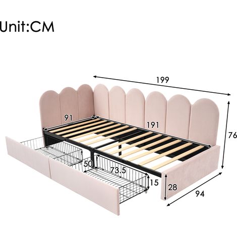 Lit 90x190cm en Velours Rose avec Tiroirs de Rangement, Canapé-Lit Adulte et Enfant, Sommier Intégré (Matelas Non Inclus) (1/4)
