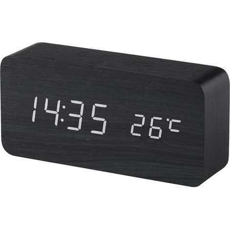 (Nero) Sveglia digitale in legno con controllo del suono a LED, doppia alimentazione a batteria USB, sveglia silenziosa in legno con LED, decorazioni per la casa -Crezuo