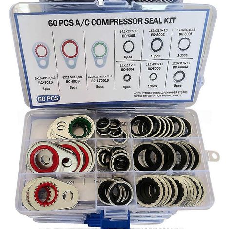 Kit de 60 joints d'étanchéité pour compresseur de climatisation, 9 tailles, pour réparations universelles de ports de climatisation automobile. (1/5)