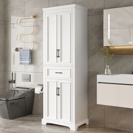Mueble de baño de 57x38x180 cm con 3 cajones, 1 armario y 3 estantes, MDF blanco, tiradores negros. (1/5)