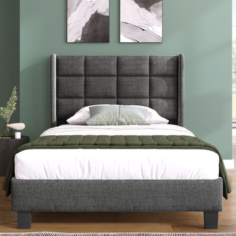 Letto per adulti 90x200 cm con rete a doghe e materasso a molle, testiera imbottita in tessuto grigio (1/5)