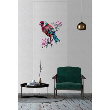 Papier peint panoramique oiseaux turquoise & rose Tapisserie panoramique animaux effet textile Papier peint panoramique bureau & cuisine (1/3)