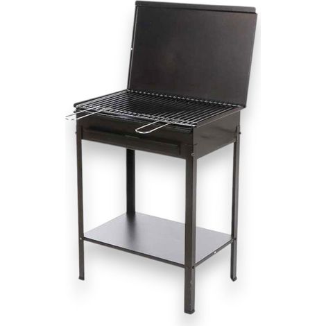 Barbacoa de carbón de acero negro con parrilla cromada y cajón para cenizas extraíble