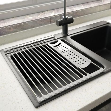 Egouttoir Vaisselle INOX Cuisine Séchoir à Rouleaux Repliable et Amovible en Acier Inoxydable pour Évier Panier en Filet drainant 43CM35CM Gris (1/4)