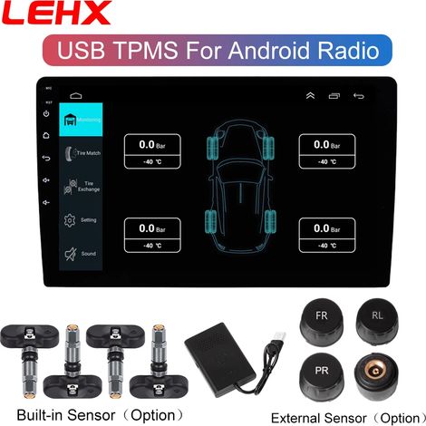 Système de surveillance de la pression des pneus LEHX USB pour véhicules (capteurs internes et externes) - Compatible avec autoradios, systèmes multimédias Android, GPS et lecteurs DVD. (1/5)