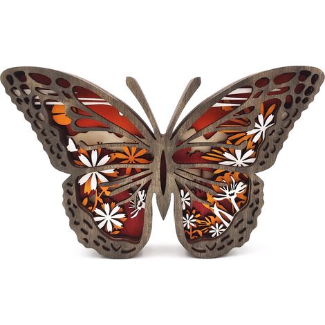 Figura de animal de madera con iluminación – Escultura hueca grabada a mano para decoración del hogar – Mariposa multicolor (24 x 16 x 3 cm) (1/5)