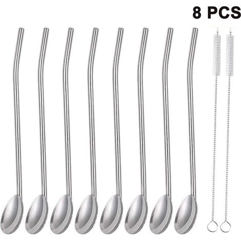 Set of 8 oval stainless steel teaspoons with 2 brushes, usable for mixing fruits and other treats.