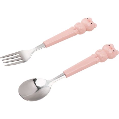 Ensemble de couverts 2 pièces en acier inoxydable, fourchette et cuillère, motif dessin animé mignon, cochon rose, vaisselle incurvée pour enfants (1/5)