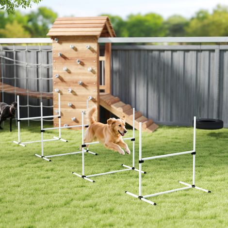 Kit d'agility pour chiens, set de 4 obstacles professionnels pour parcours, à hauteur réglable, avec système de maintien au sol et sac de transport, parfait pour des jeux intéressants et l'entraînemen (1/5)