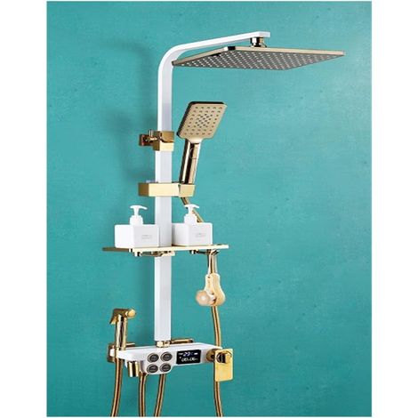 Ensemble de douche mitigeur thermostatique intelli Ensemble de douche noir en cuivre complet for salle de bain, bouton à double rangée, affichage numérique thermostatique, douche à main à 4 vitesses ( (1/5)
