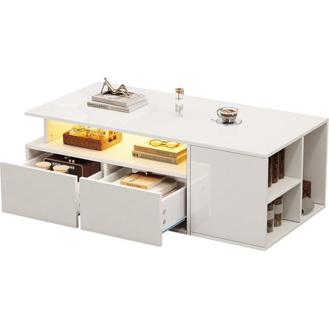 Table basse 100x50x35 cm avec LED, table de salon avec 2 tiroirs, capacité de charge 60 kg, table basse blanche avec grand espace de rangement