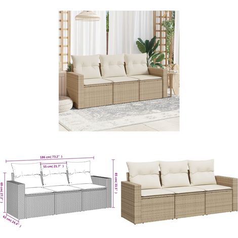 Salon de jardin avec coussins 3 pcs beige résine tressée - Salon De Jardin - Canapé Extérieur - Meuble De Jardin - Ensemble Salon De Jardin - Résine Tressée - Home & Living (1/3)
