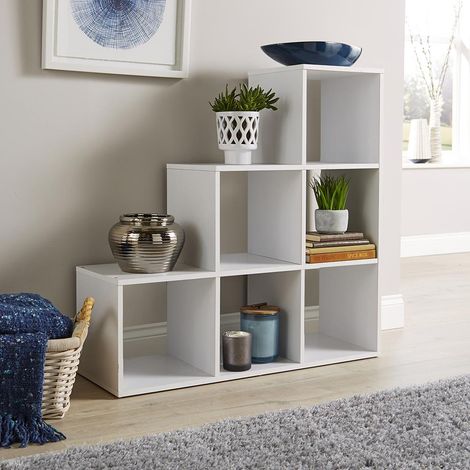 Step Style Storage Cube 6 Shelf Bookcase Wooden Display Staircase Unit White (1/4)
