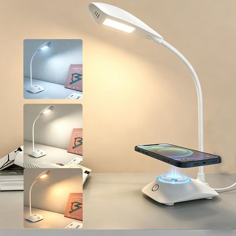 Lampe de Bureau LED avec Chargeur Sans Fil Magnétique MagSafe 15W, 3 Températures de Couleur et Dimmable, 600LM, CRI85, Col Ajustable, pour Home Office Étude Chambre, Blanc (1/5)