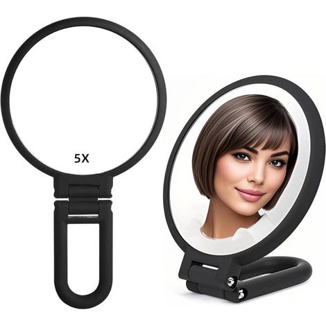 royaluxe - Miroir Grossissant x5 Double Face Miroir Pliable avec Poignée, Miroir de Maquillage à Main Miroir à Palette de Coiffeurs (noir) (1/5)
