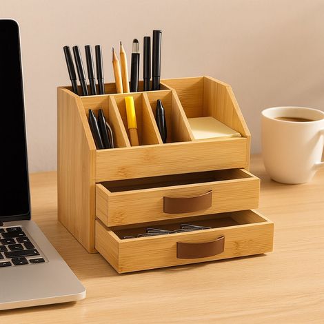 Organizer da scrivania in bambu - 2 cassetti 5 scomparti