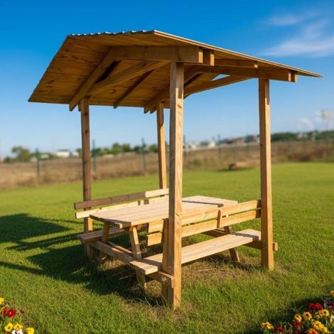 Gazebo Pergola in Legno Massello con Tavolo da Picnic e Panche (1/3)