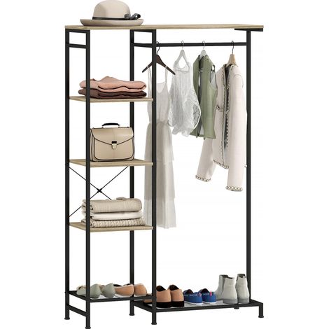 Porte-manteau, portant à vêtements avec tringle, étagère à chaussures, meuble de rangement avec dispositif anti-basculement, chêne