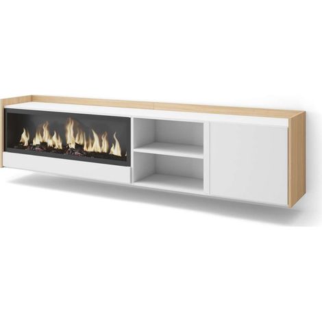 Mueble TV Periana-01 de 212x50x35 cm con chimenea eléctrica XXL, suspendido, color blanco y roble soft (1/4)