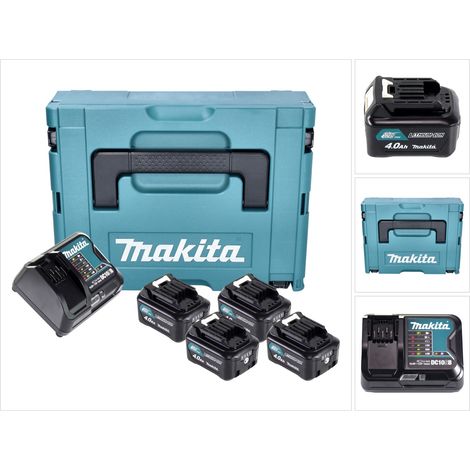 Kit de fuente de alimentación Makita 4x BL 1041 B batería 12 V máx. 4,0 Ah CXT (4x 197406-2) + cargador DC 10 SB (197363-4) + Makpac