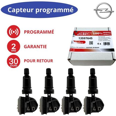 4× Sensori di pressione TPMS preprogrammati neri per OPEL/VAUXHALL Insignia B & Astra K – Rif. 13597645/39186445