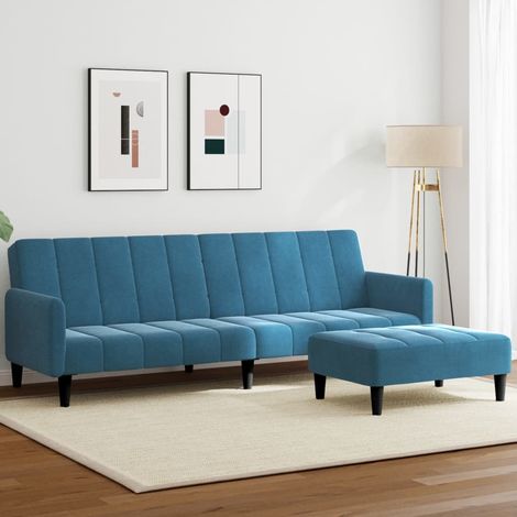 2-Sitzer Schlafsofa mit Hocker aus blauen Samt (1/5)