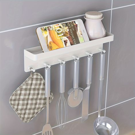 Porte-clés mural à six crochets pour la cuisine, sans perçage, pour le rangement, porte-clés mural derrière la porte,
blanc, dimensi (1/5)