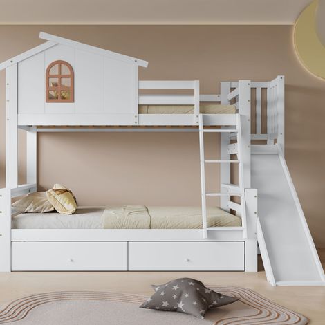 Letto a castello in legno massello e MDF bianco 90x200/120x200 cm con scivolo, 2 cassetti e scala inclinata (1/5)