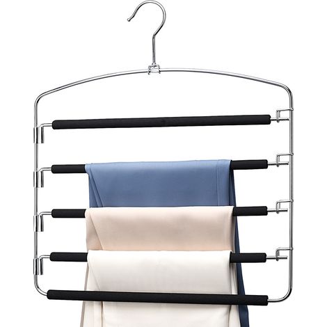 Cintres à pantalons, 5 niveaux, acier inoxydable, antidérapants, rembourrés de mousse, bras pivotant, gain de place, organisateur de rangement pour pantalons, jeans, jupes, foulards, cravates et servi (1/5)