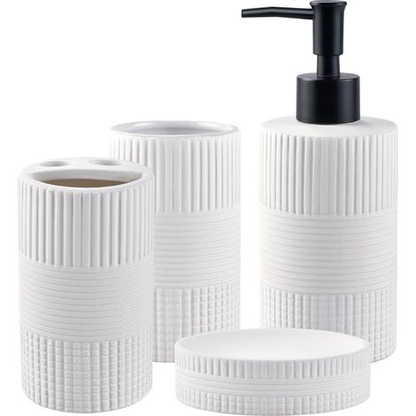 Lot de 4 accessoires de salle de bain en céramique avec porte-brosse à dents, distributeur de savon, porte-savon, gobelet à brosse à dents, décoration de salle de bain moderne de style ferme, (1/5)