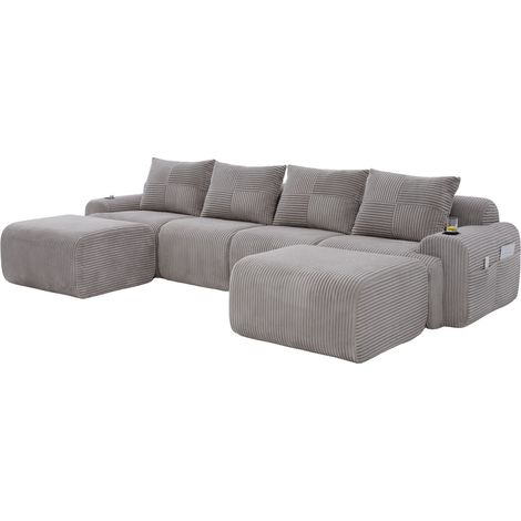 Divano modulare di velluto grigio chiaro per 4 persone con 2 pouf, portavaso e tasca laterale HOMVRA (1/5)