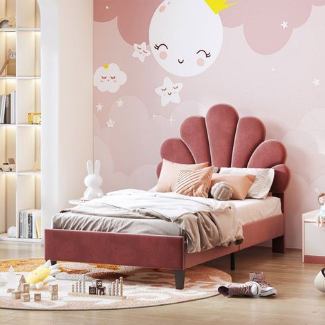 Bett Kinder 90x200 cm mit Lattenrost, Bettgestell Mädchen mit Kopfteile in Blumenform, rot