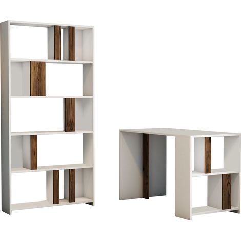 Ensemble bureau et bibliothèque bois blanc et noyer Kima (1/5)
