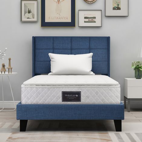 Mit seinem gepolstertes Kopfteil Einzelbett mit Lattenrost, 90x200cm, en lin bleu (1/5)